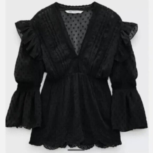 Zara Swiss Dot Ruffled Blouse, Size XS - Picture 2 of 4